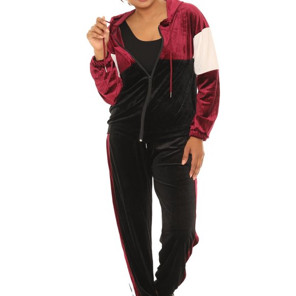Color Block Pocket Velvet Hoodie & Drawstring Joggers - Picture 4 of 6